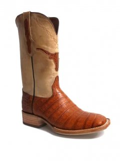 New Collection Black Jack Men's Cigar Caiman Belly with Longhorn Inlay Boots - Brown