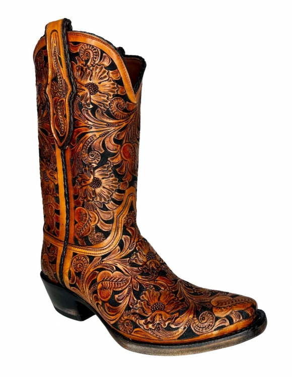 New Collection Black Jack Men's El Patron Mahogany & Black Tooled Boots - Black,Tan
