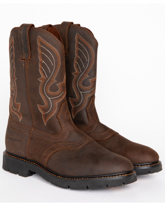 Cody James Men's Mustang Western Pull-On Work Boots - Soft Toe | Brown | Free Delivery
