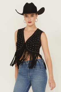 Promotion Idyllwind Women's Embellished Faux Suede Cropped Fringe Vest | Black