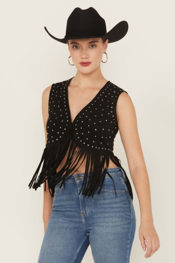 Promotion Idyllwind Women's Embellished Faux Suede Cropped Fringe Vest | Black