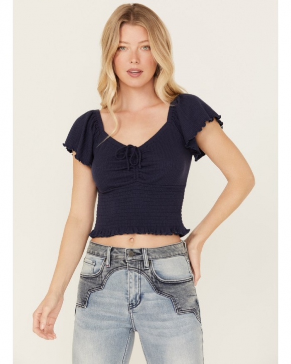 Promotion Idyllwind Women's Pointe Flutter Sleeve Smocked Top | Steel Blue