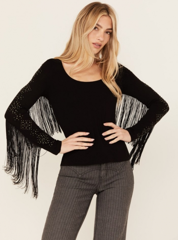 Promotion Idyllwind Women's Doris Studded Fringe Long Sleeve Top | Black