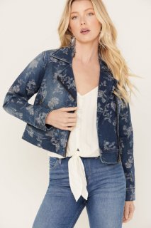 Promotion Idyllwind Women's Floral Drive Print Denim Moto Jacket | Dark Medium Wash