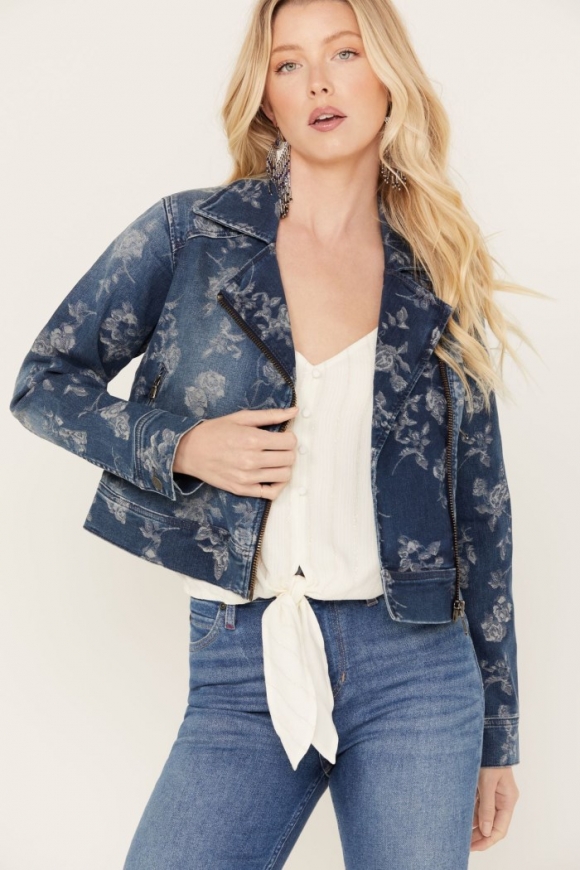Promotion Idyllwind Women's Floral Drive Print Denim Moto Jacket | Dark Medium Wash Promotion Idyllwind Women's Floral Drive Print Denim Moto Jacket | Dark Medium Wash