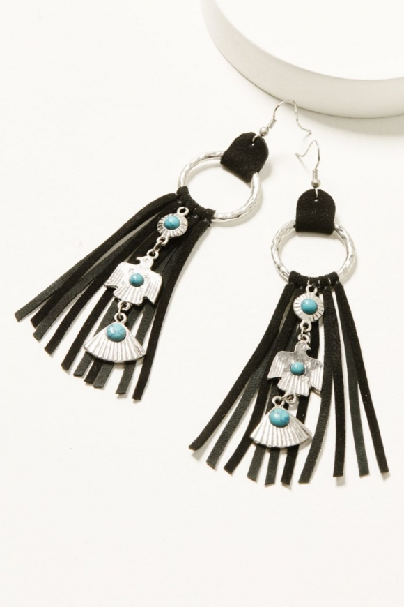Promotion Idyllwind Women's Garland Thunderbird Leather Fringe Earrings | Black