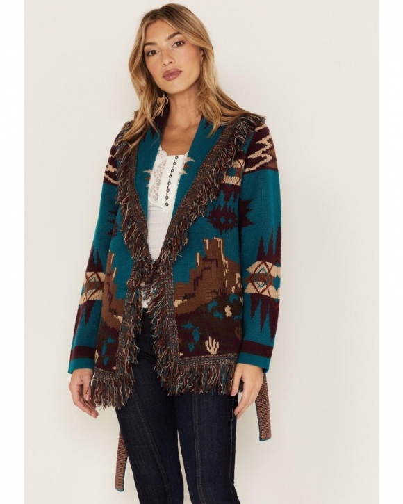 Promotion Idyllwind Women's River Run Southwestern Print Belted Cardigan Sweater | Blue