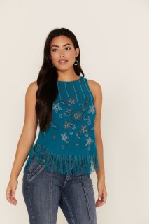Promotion Idyllwind Women's Cameo Beaded Fringe Tank Top | Blue