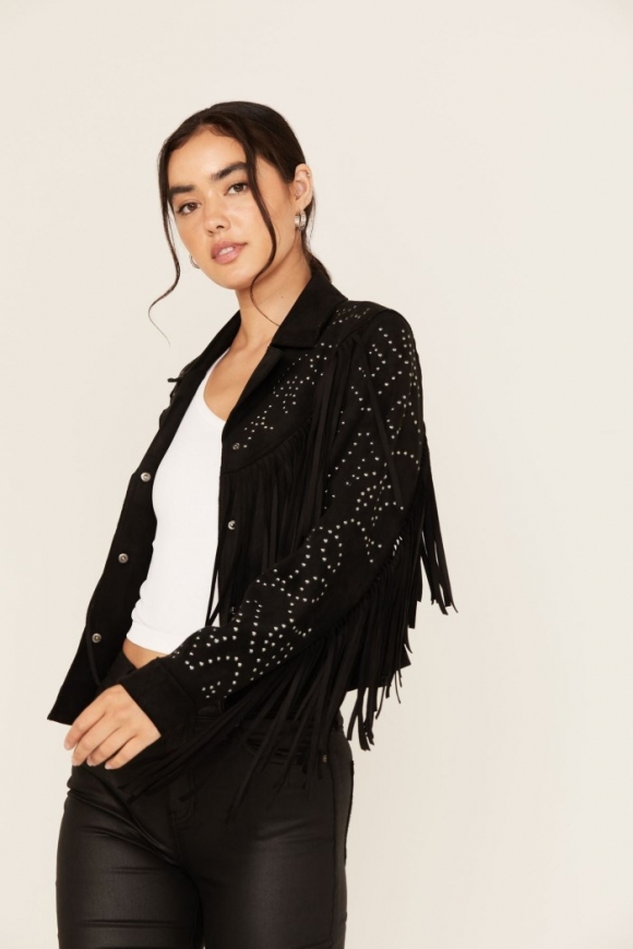 Promotion Idyllwind Women's Blair Fringe and Studded Faux Suede Snap Jacket | Black Promotion Idyllwind Women's Blair Fringe and Studded Faux Suede Snap Jacket | Black