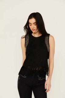 Promotion Idyllwind Women's Lillian Studded Fringe Faux Suede Tank Top | Black