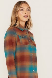 Promotion Idyllwind Women's Ombre Plaid Print Long Sleeve Snap Western Top | Blue