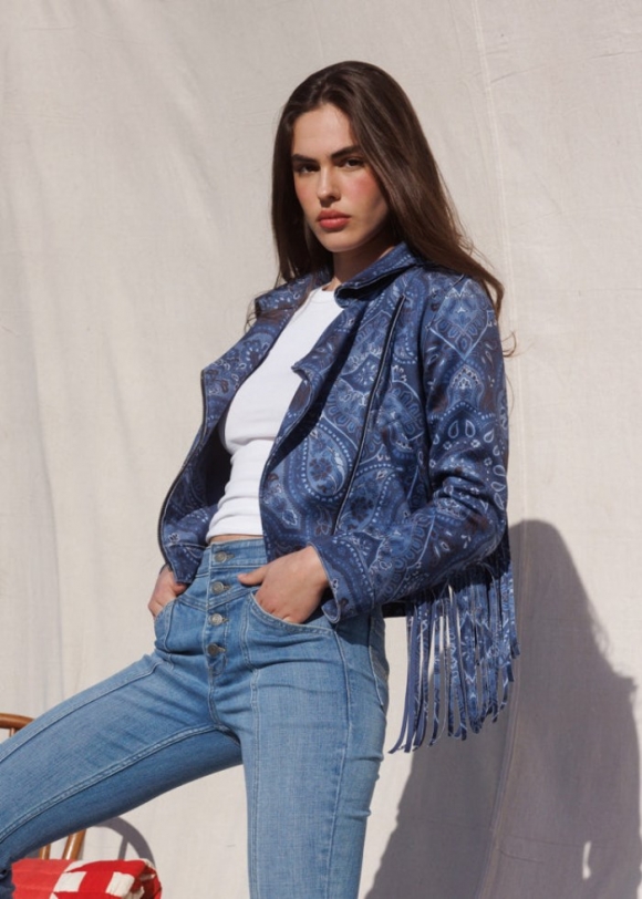 Promotion Idyllwind Women's Banbury Printed Faux Suede Fringe Moto Jacket | Steel Blue