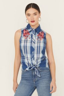 Promotion Idyllwind Women's Plaid Print Embroidered Front Sleeveless Snap Western Shirt | Blue Promotion Idyllwind Women's Plaid Print Embroidered Front Sleeveless Snap Western Shirt | Blue