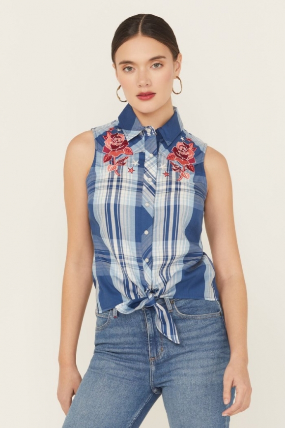 Promotion Idyllwind Women's Plaid Print Embroidered Front Sleeveless Snap Western Shirt | Blue