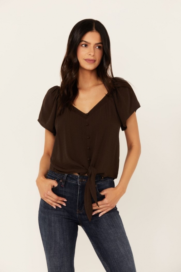 Promotion Idyllwind Women's Tern Flutter Sleeve Tie Front Top | Dark Brown