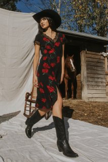 Promotion Idyllwind Women's Rosely Floral Print Lace Trim Midi Dress | Black