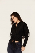 Promotion Idyllwind Women's Fate Faux Suede Fringe Long Sleeve Button-Down Tie-Front Shirt | Black