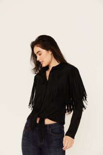 Promotion Idyllwind Women's Fate Faux Suede Fringe Long Sleeve Button-Down Tie-Front Shirt | Black