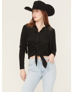 Promotion Idyllwind Women's McKinney Faux Suede Long Sleeve Fringe Top | Black