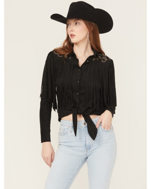 Promotion Idyllwind Women's McKinney Faux Suede Long Sleeve Fringe Top | Black