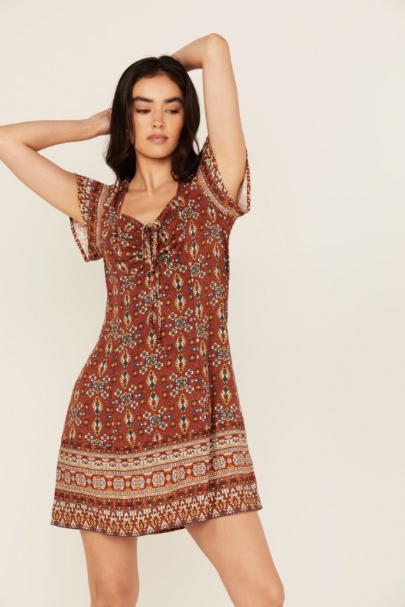 Promotion Idyllwind Women's Saxony Tapestry Print Short Sleeve Mini Dress | Caramel