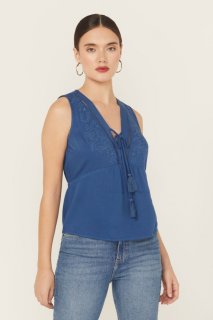 Promotion Idyllwind Women's Cedar Embroidered Tie-Front Sleeveless Top | Blue