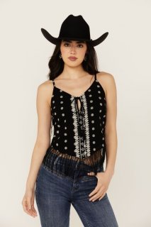 Promotion Idyllwind Women's Sunnett Embroidered Fringe Hanky Hem Tank | Black Promotion Idyllwind Women's Sunnett Embroidered Fringe Hanky Hem Tank | Black