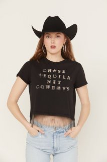 Promotion Idyllwind Women's Chase Tequila Ball Chain Fringe Short Sleeve Cropped Graphic Tee | Black