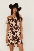 Promotion Idyllwind Women's Made For This Off-Shoulder Cow Print Dress | Tan
