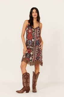 Promotion Idyllwind Women's Yearling Printed Fringe Slip Dress | Dark Brown