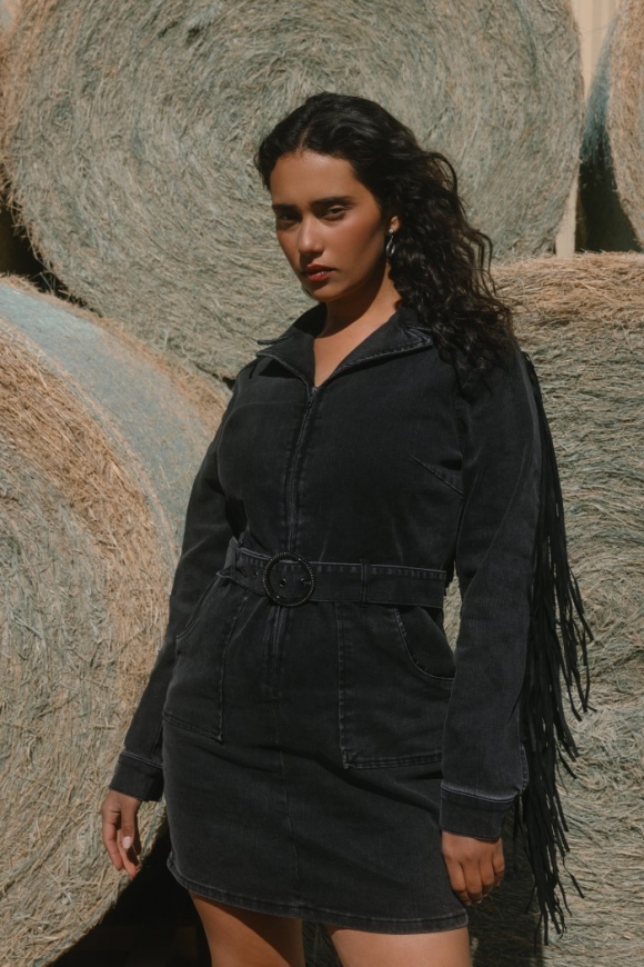 Promotion Idyllwind Women's Fringe Long Sleeve Stretch Denim Mini Dress | Black