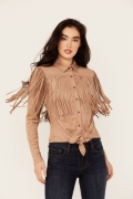 Promotion Idyllwind Women's Fate Faux Suede Fringe Long Sleeve Button-Down Tie-Front Shirt | Tan