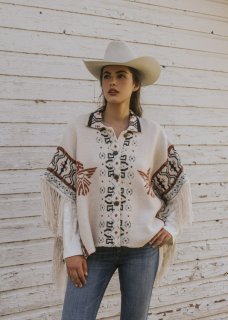 Promotion Idyllwind Women's Flyaway Southwestern Print Fringe Button-Down Poncho | Ivory