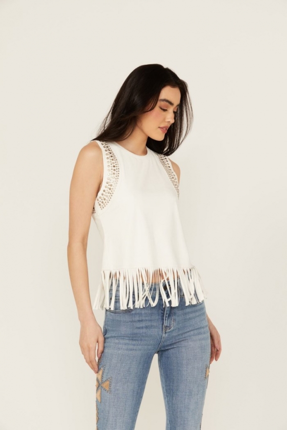 Promotion Idyllwind Women's Lillian Studded Fringe Faux Suede Tank Top | Ivory