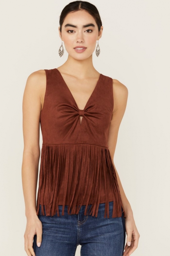 Promotion Idyllwind Women's Pennington Faux Suede Twisted Fringe Top | Mahogany