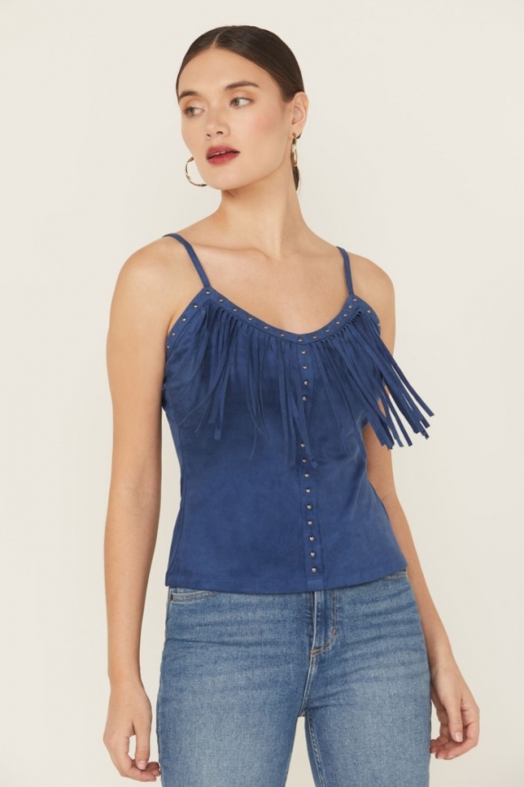 Promotion Idyllwind Women's Faux Suede Studded Fringe Sleeveless Tank Top | Blue Promotion Idyllwind Women's Faux Suede Studded Fringe Sleeveless Tank Top | Blue