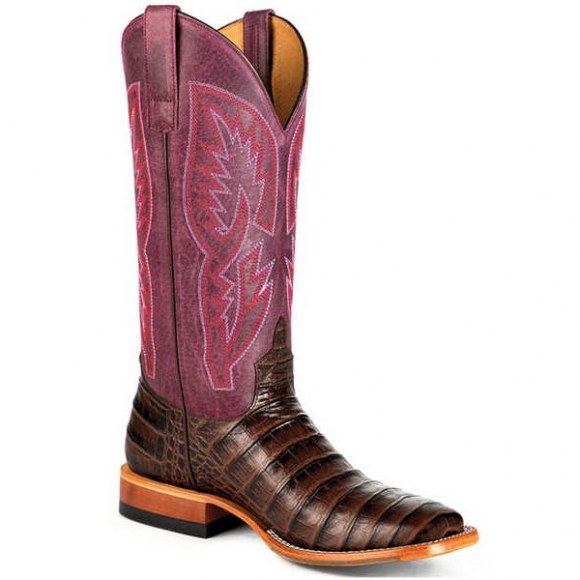 MACIE BEAN NEW ARRIVALS WOMEN'S WITH ALL MY BITE CAIMAN PRINT TALL WESTERN BOOTS - SQUARE TOE - CHOCOLATE