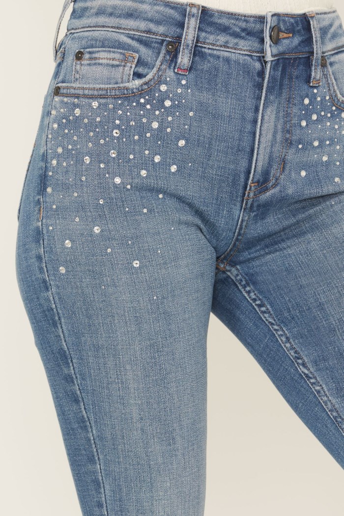 Promotion Idyllwind Women's Legend Medium Wash High Rise Rhinestone Studded Bootcut Super Stretch Denim Jeans | Medium Wash