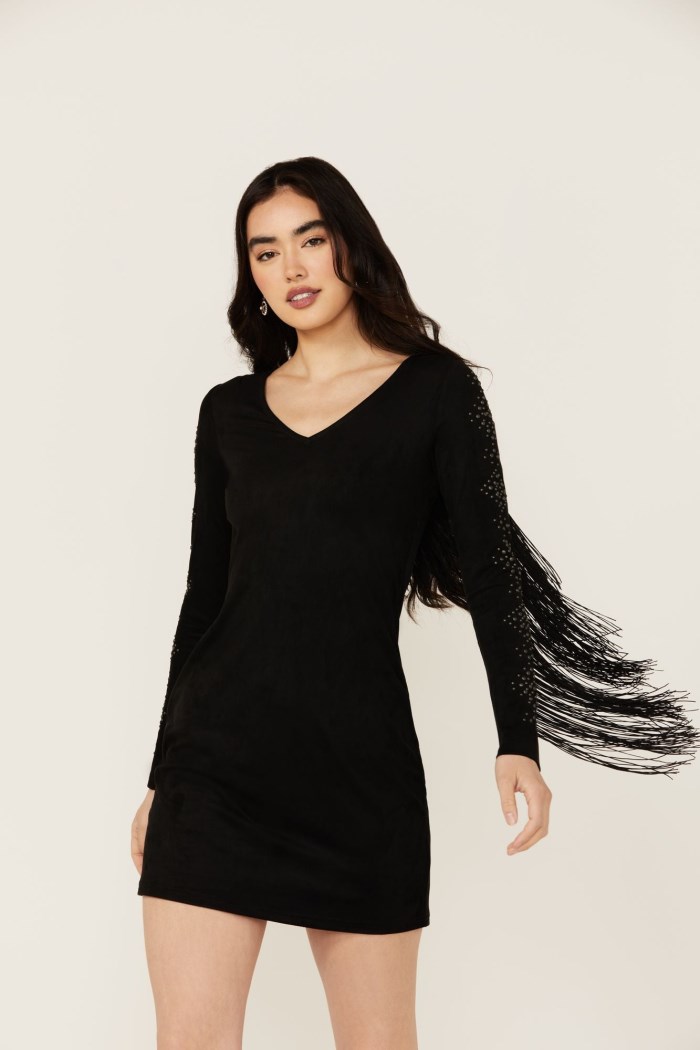 Promotion Idyllwind Women's Lois Studded Long Sleeve Fringe Mini Dress | Black