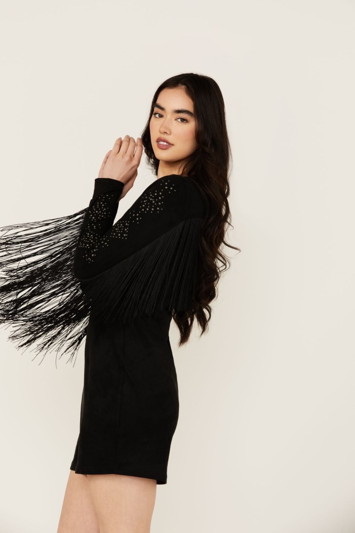 Promotion Idyllwind Women's Lois Studded Long Sleeve Fringe Mini Dress | Black