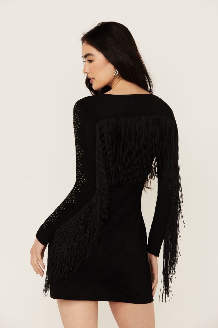 Promotion Idyllwind Women's Lois Studded Long Sleeve Fringe Mini Dress | Black