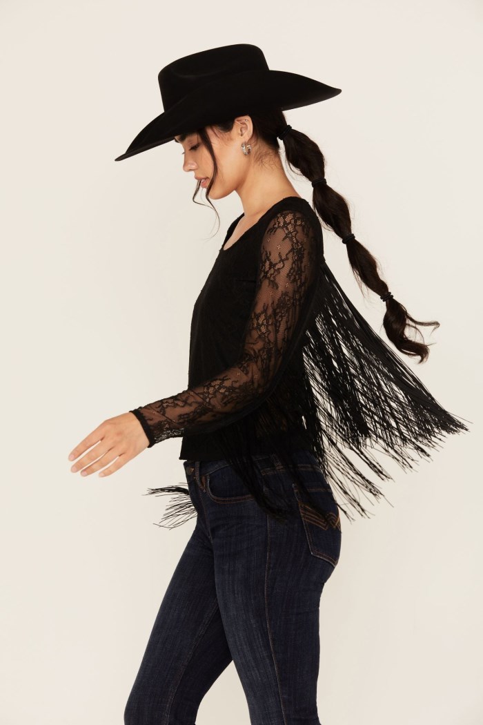 Promotion Idyllwind Women's Russello Lace Fringe Long Sleeve Shirt | Black