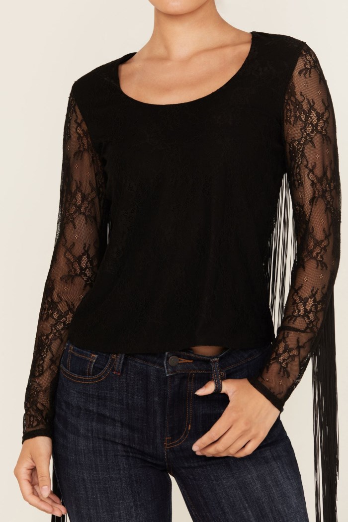 Promotion Idyllwind Women's Russello Lace Fringe Long Sleeve Shirt | Black