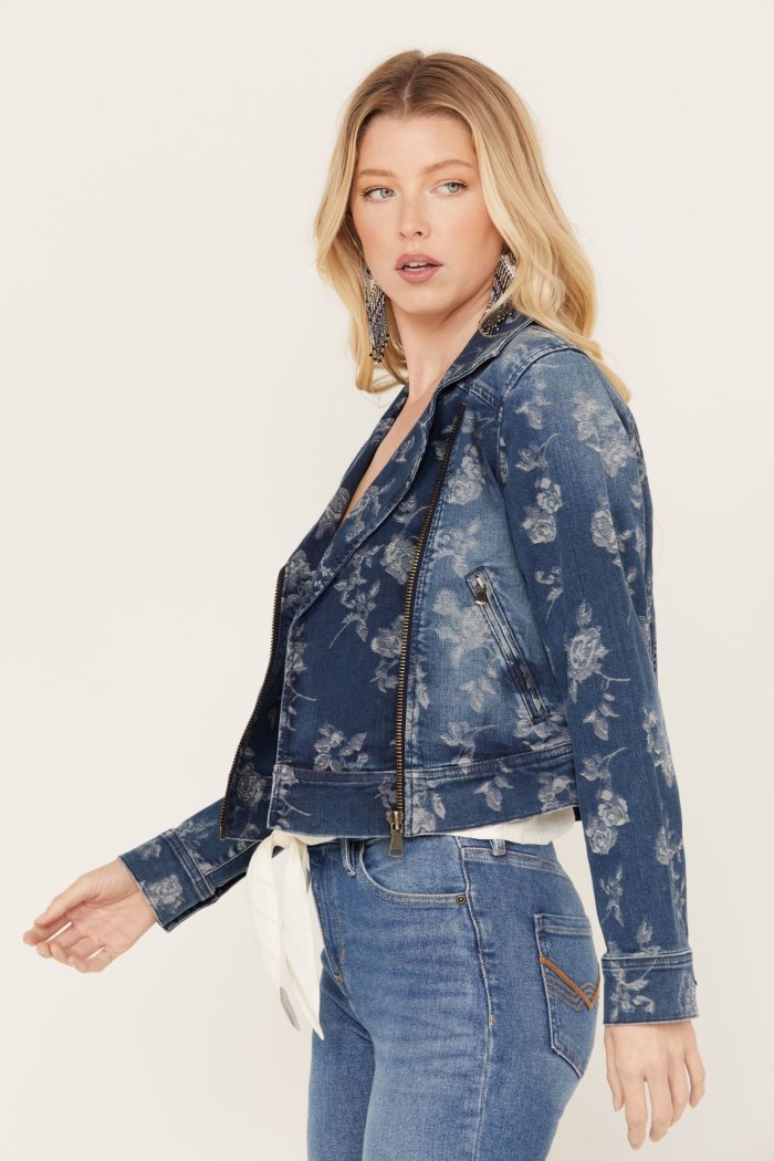 Promotion Idyllwind Women's Floral Drive Print Denim Moto Jacket | Dark Medium Wash