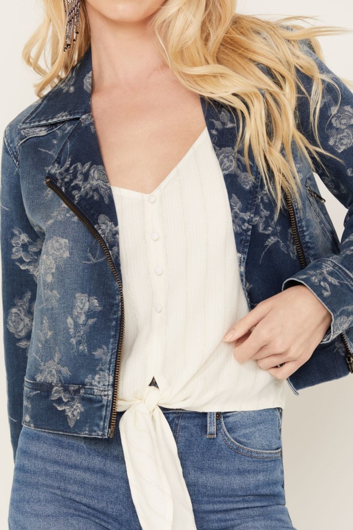 Promotion Idyllwind Women's Floral Drive Print Denim Moto Jacket | Dark Medium Wash