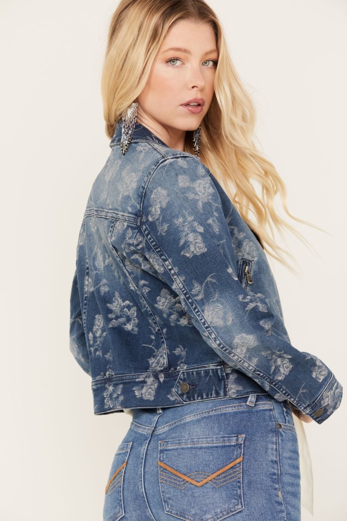Promotion Idyllwind Women's Floral Drive Print Denim Moto Jacket | Dark Medium Wash