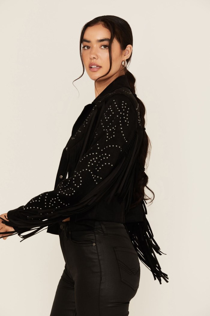 Promotion Idyllwind Women's Blair Fringe and Studded Faux Suede Snap Jacket | Black
