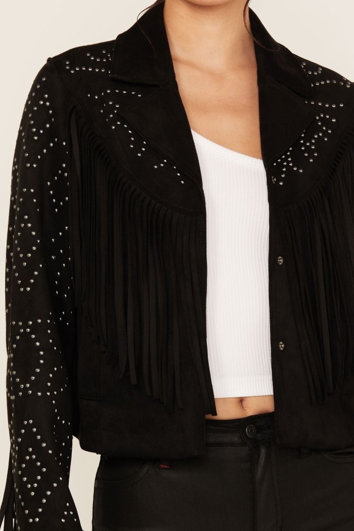 Promotion Idyllwind Women's Blair Fringe and Studded Faux Suede Snap Jacket | Black