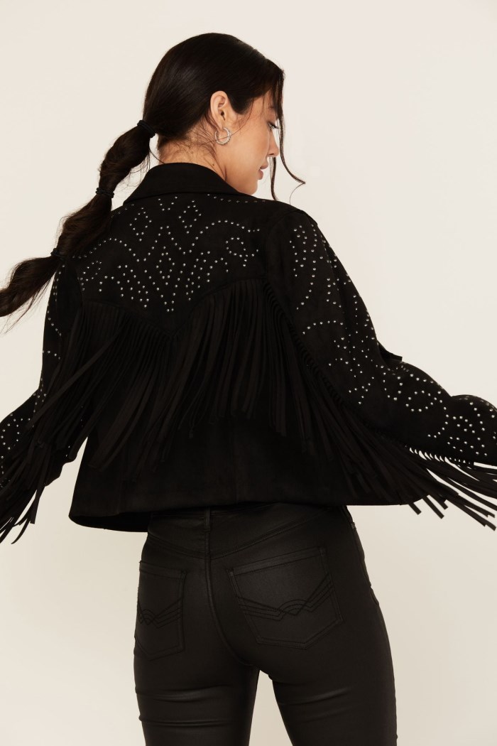 Promotion Idyllwind Women's Blair Fringe and Studded Faux Suede Snap Jacket | Black