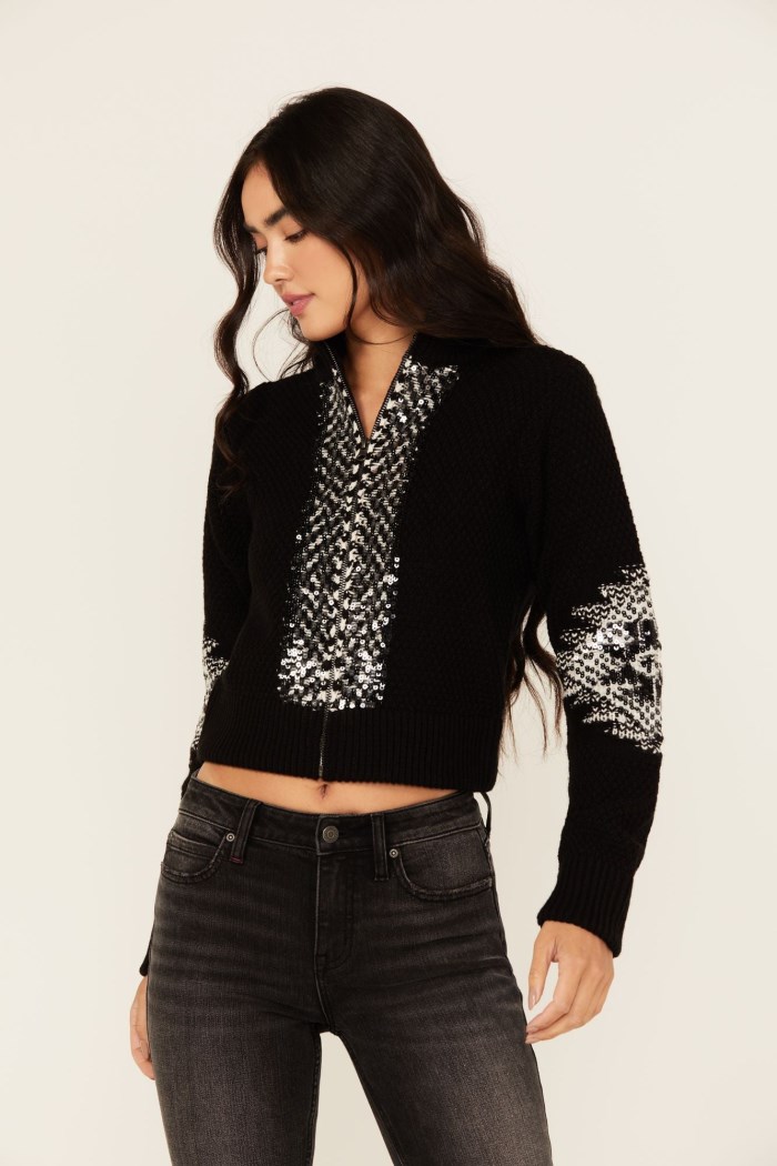Promotion Idyllwind Women's Dallas Sequins Cropped Zip Front Sweater | Black